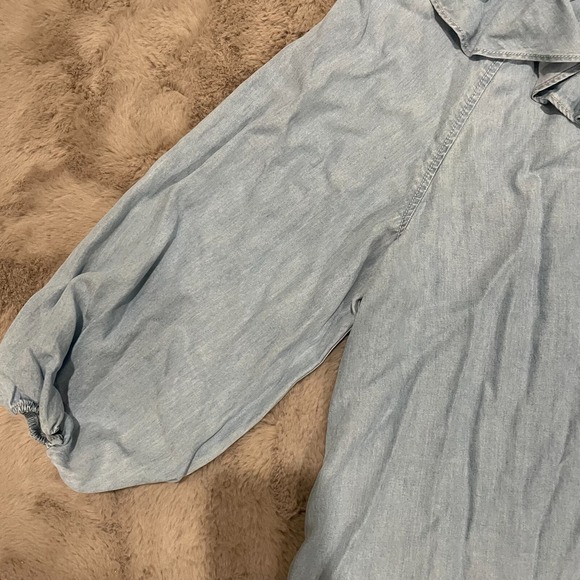 Lauren Ralph Lauren Women L Chambray Blue Denim Ruffle Trim Blouse Off-Shoulder - Picture 8 of 14